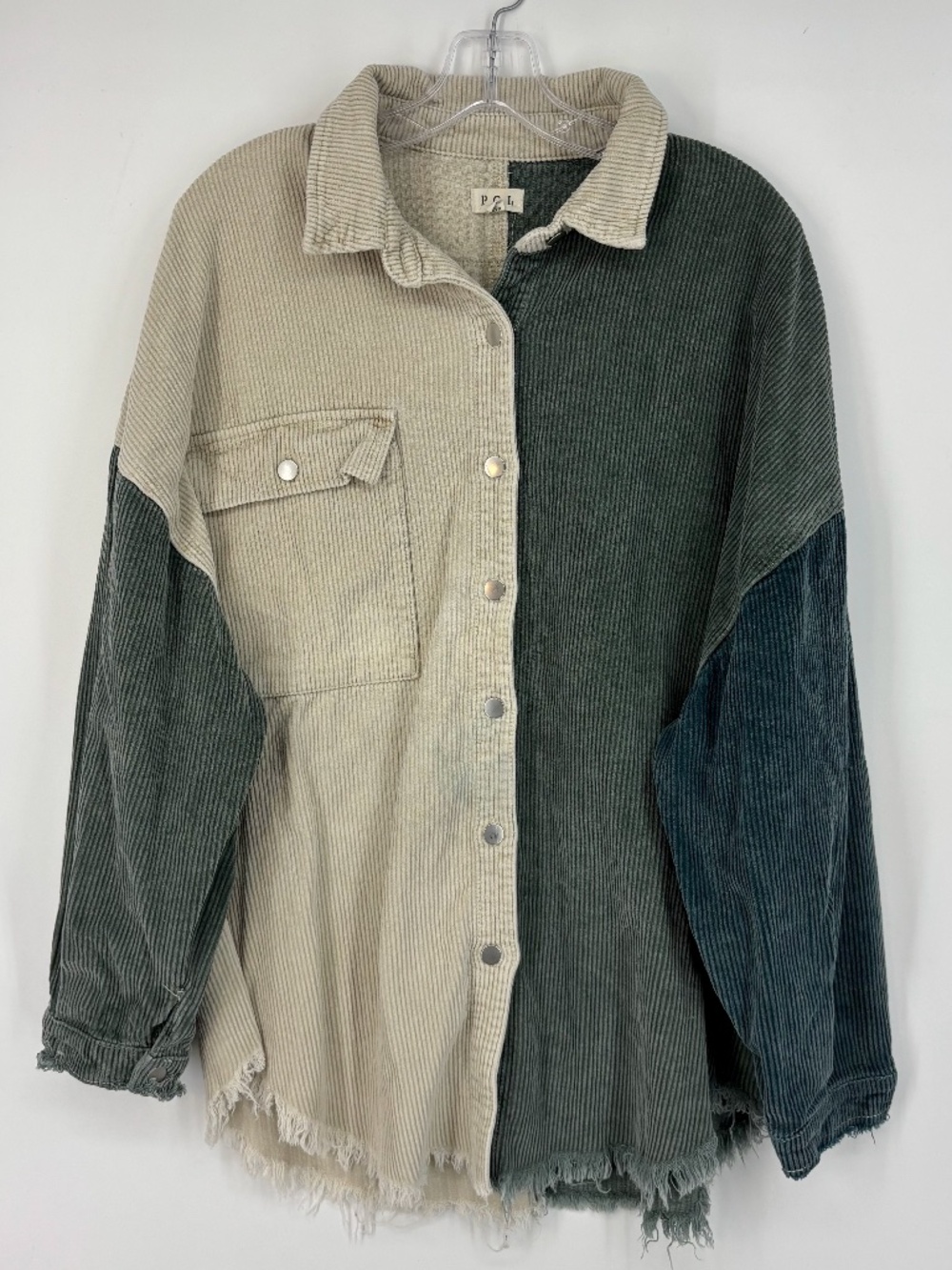 POL Womens Small Button Front Corduroy Shirt Shacket Green Blue Cream Colorblock